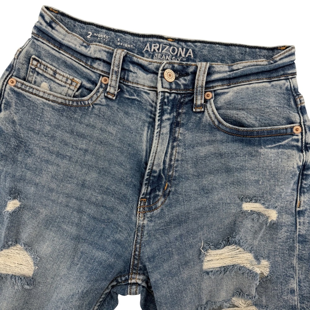 Arizona Jean Co Highest Rise Straight Jeans Women 2 Blue Distressed Raw Hem